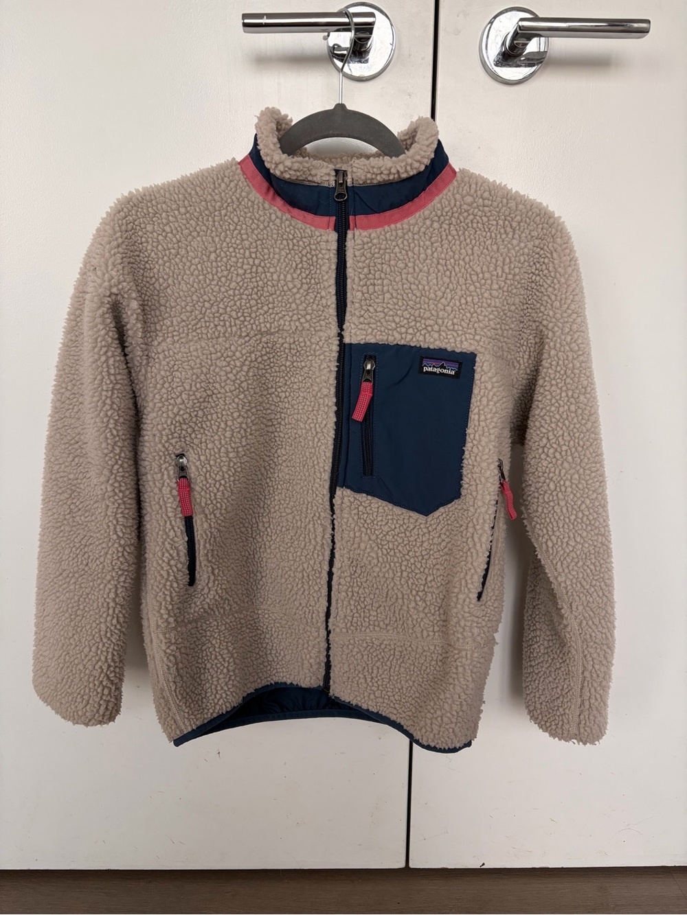 Patagonia Kids Taupe Sherpa Jacket with Navy & Pink Accents